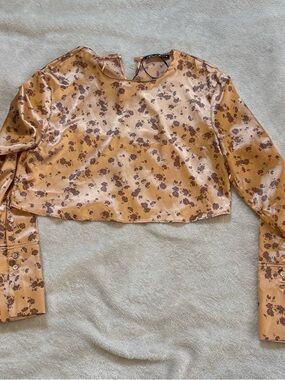 Zara Satin Floral Long-Sleeve Crop Top - Tan and Brown